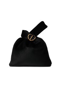 Borsa in velluto nero con tracolla annodata e dettagli in metallo dorato a forma circolare. Texture liscia e forma morbida e arrotondata.