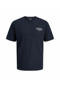 Marineblaues Baumwoll-T-Shirt mit kurzen Ärmeln, Rundhalsausschnitt und weißem Logodruck im linken Brustbereich. Glatte Textur, klassischer Schnitt.