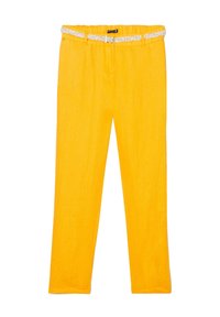 Gelbe Leinenhose mit lockerer Passform, ausgestattet mit einem elastischen Bund und einem gewebten weißen Gürtel. Glatte Textur und gerades Bein Design.