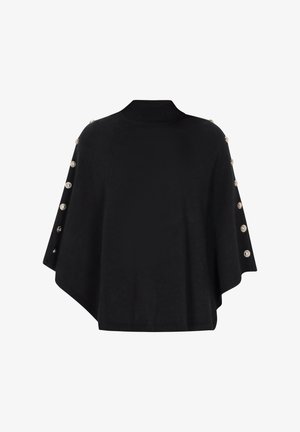 Schwarzer Strickponcho mit einem gerippten Halsausschnitt und dekorativen silbernen Knöpfen an den Ärmeln. Weiche Textur und lockere, fließende Form.