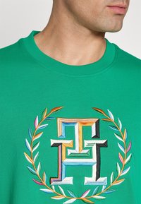 Camiseta de algodón verde con cuello redondo y un gran logo multicolor bordado, enmarcado por un diseño de hojas de laurel.