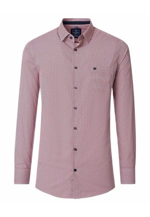 Rood en blauw gestreept overhemd met lange mouwen, een wijde kraag en een borstzak. Voorzien van donkere knopen en een gladde textuur.