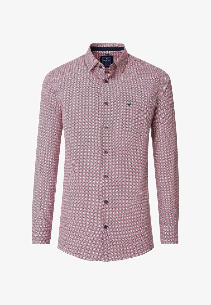 Rood en blauw gestreept overhemd met lange mouwen, een wijde kraag en een borstzak. Voorzien van donkere knopen en een gladde textuur.