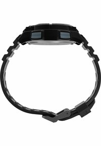 Black digital watch with a round case, textured rubber strap, push buttons, and adjustable clasp. Features a clear face with digital display.