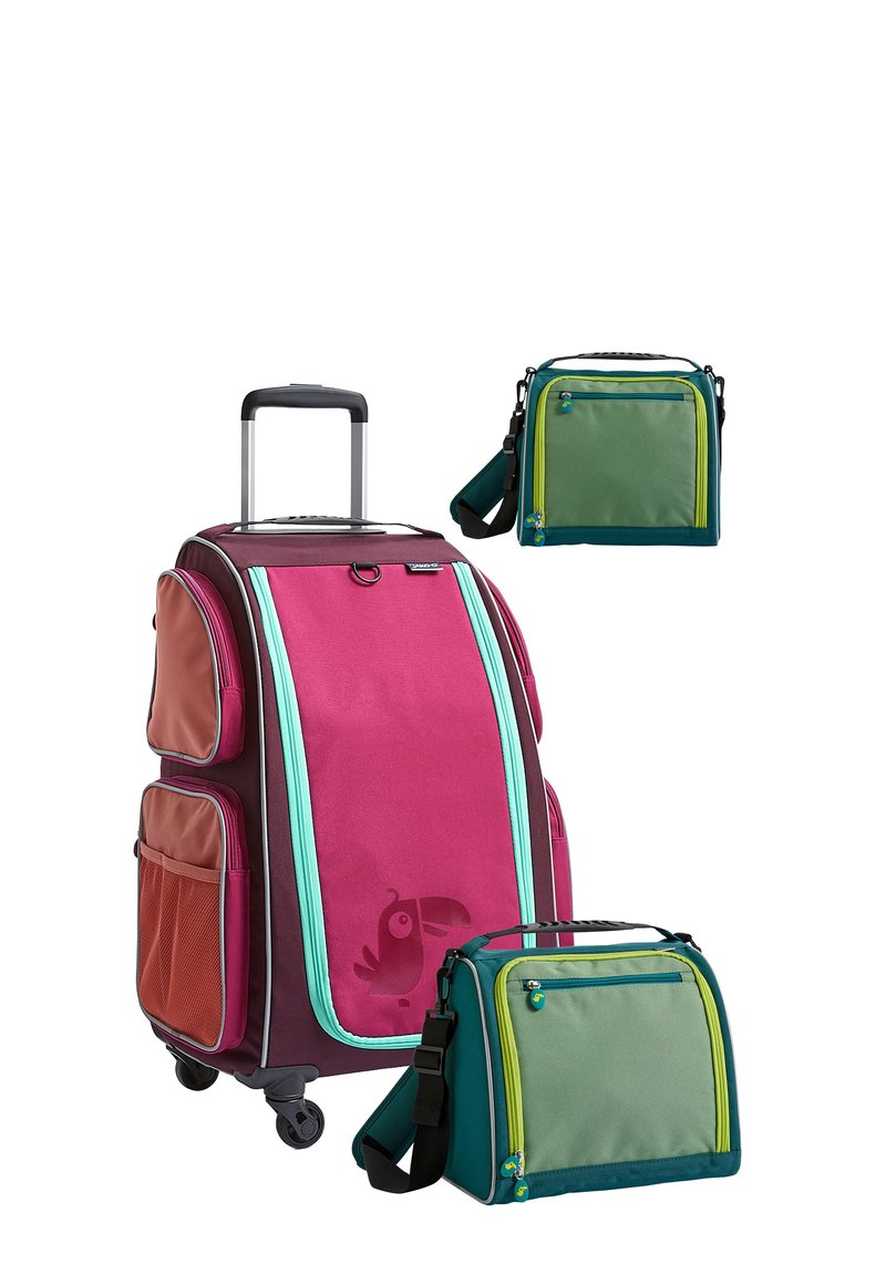 Paarse rolkoffer met turquoise en oranje accenten, voorzien van meerdere met rits afgesloten zakken en een vogelontwerp. Inclusief een groene draagtas.