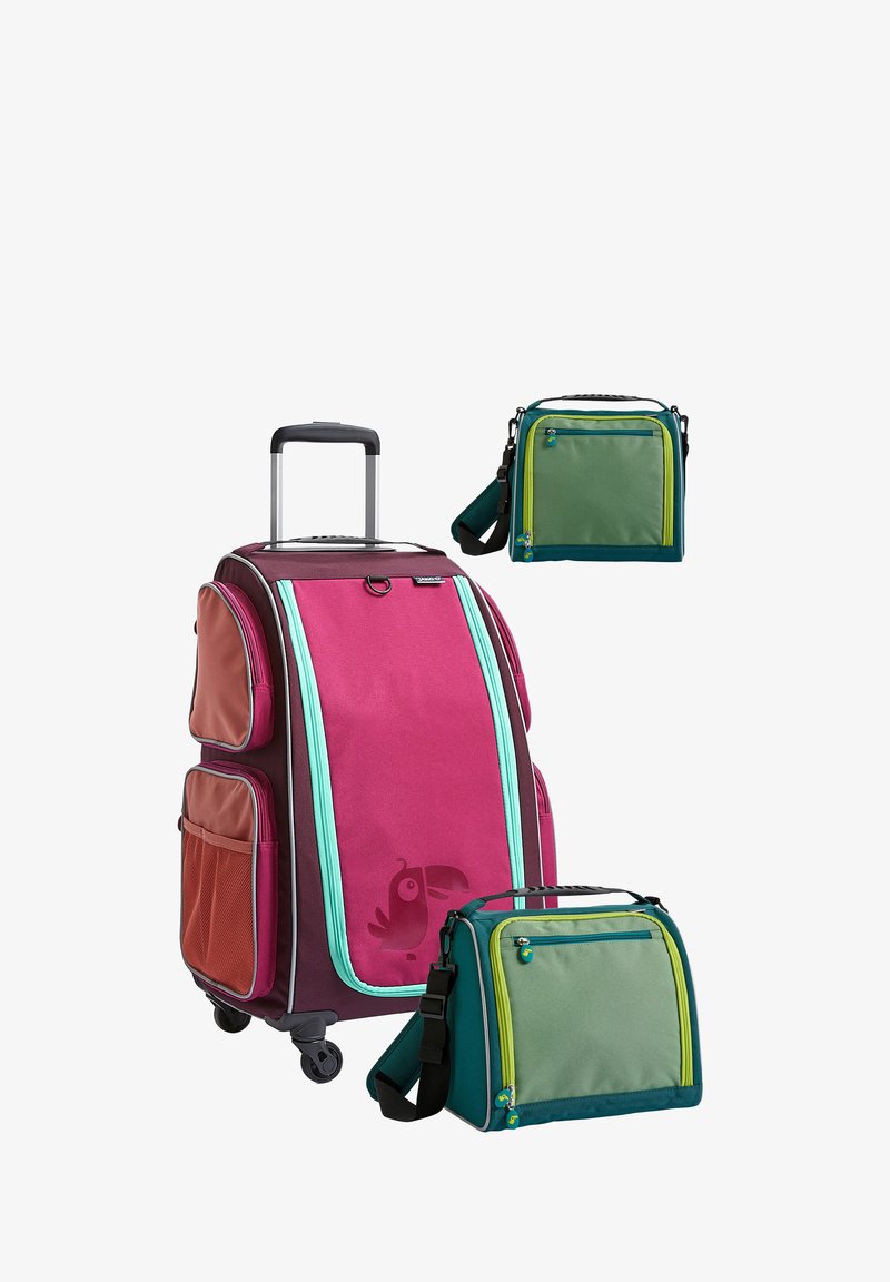 Paarse rolkoffer met turquoise en oranje accenten, voorzien van meerdere met rits afgesloten zakken en een vogelontwerp. Inclusief een groene draagtas.