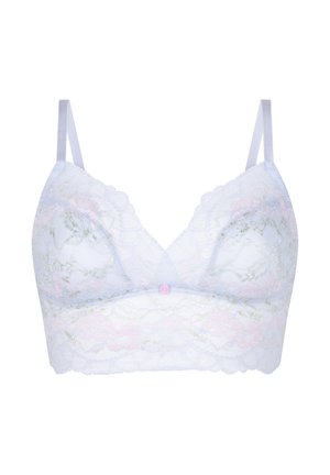 Witte kanten bralette met bloemmotieven, verstelbare dunne bandjes en een kleine roze roosdetail in het midden van de voorste band.