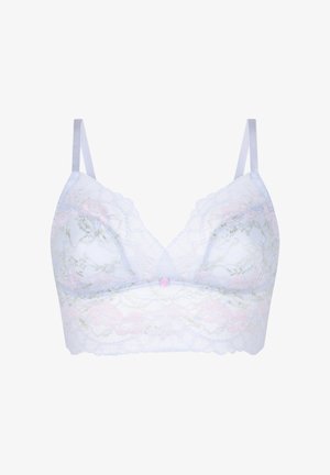 Bralette en dentelle blanche avec motifs floraux, bretelles fines ajustables et un petit détail de rose rose au centre de la bande avant.