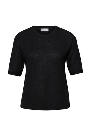 Haut noir en maille à manches courtes avec encolure ronde et poignets retroussés, fabriqué par Street One, présenté sur un fond blanc.