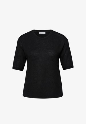Haut noir en maille à manches courtes avec encolure ronde et poignets retroussés, fabriqué par Street One, présenté sur un fond blanc.
