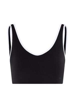 Reggiseno sportivo nero con scollo a U e doppi sottili spalline, mostrato su sfondo bianco.