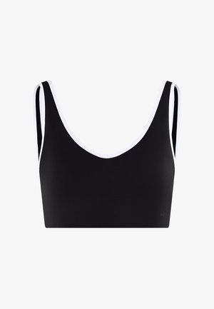 Reggiseno sportivo nero con scollo a U e doppi sottili spalline, mostrato su sfondo bianco.