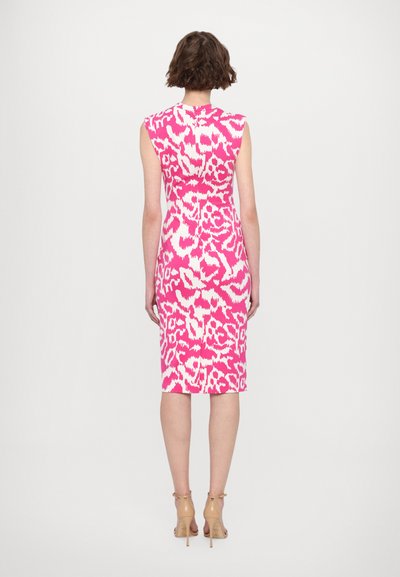 Fitted dress in vibrant pink with white abstract pattern. Sleeveless design, knee-length, smooth texture, with a back zipper closure.