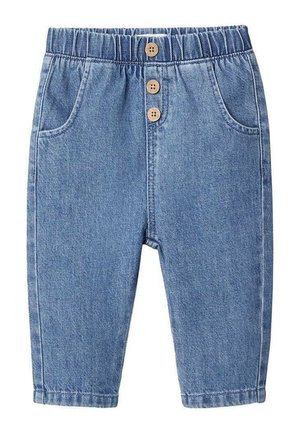 Denimbukser med elastisk talje, tre træknapper, to forlommer og en lyseblå farve. Lige ben-design.