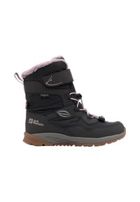 Zwarte waterdichte boot met een kraag van roze kunstbont, veterdetail en klittenbandsluiting. Rubberen zool heeft een getextureerde, bruine loopzool voor grip.