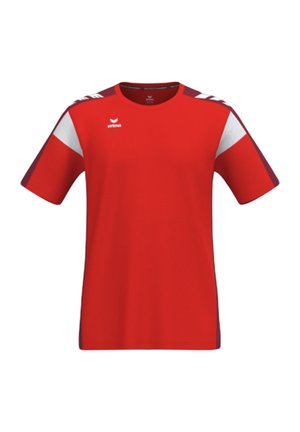 Maglietta sportiva rossa a maniche corte con dettagli bianchi e rosso scuro sulle spalle, scollo rotondo e piccolo logo bianco sul petto.