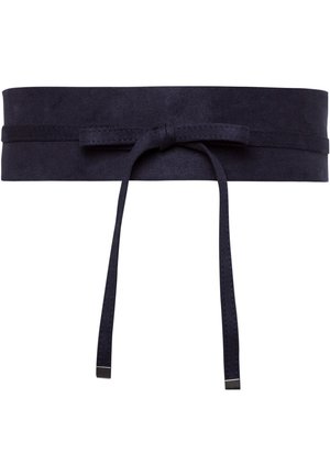 Navy blue wide suede waist belt with a thin strap tied in a bow at the front and metal tips on the ends.