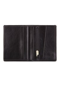 Intérieur d'un portefeuille en cuir noir avec un compartiment zippé, des emplacements pour cartes et une texture lisse. Présente des lignes épurées et un design minimaliste.
