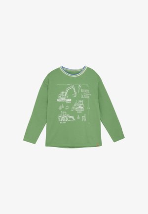 Green long-sleeve t-shirt with a round, striped neckline featuring white illustrations of construction vehicles. Soft fabric, relaxed fit.