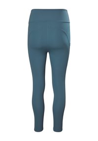Tyrkysové legíny s vysokým pasem, hladkou texturou a plochými švy. Obsahují boční kapsu se zipem na úložný prostor.