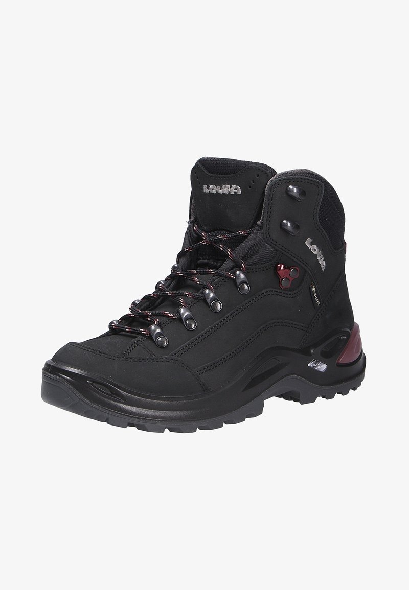 Svart vandringsko med texturerat tyg, snörningsdesign, silverfärgade ögla och en vadderad sula. Har logotyp och vattentåliga detaljer.