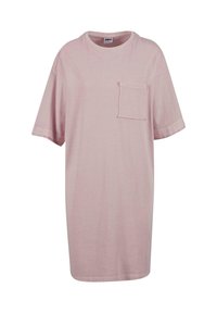 Tricou din bumbac roz cu guler rotund, mâneci scurte și un buzunar pe piept. Croială lejeră, cu un aspect casual, textura netedă și tiv drept.