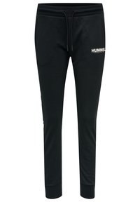 Svarta sweatpants med dragsko i midjan, avsmalnande ben och en vit "HUMMEL"-logotyp på framsidan. Slät tyg med ribbad mudd.