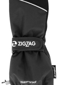 Sort vandtæt handske med en glat tekstur, med en velcrolukning mærket "ZIGZAG" og en lille etiket på siden.