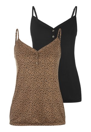 Dwa topy na ramiączkach: jeden czarny z dekoltem w serek i detalem z guzikami, drugi brązowy z rozmieszczonym czarnym wzorem w cętki lamparta.