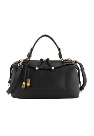 Černá kabelka z texturované kůže s dvojitými rukojeťmi, odnímatelným ramenním popruhem, kováním s odstínem zlata a dekorativními korálkovými střapci na předním zipu.