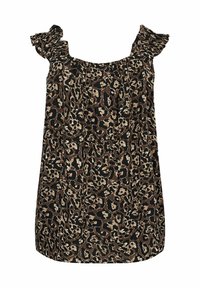 Brun leopardmönstrad ärmlös topp med volangband, med en avslappnad passform och mjuk, texturerad tyg. Designad för avslappnad användning.