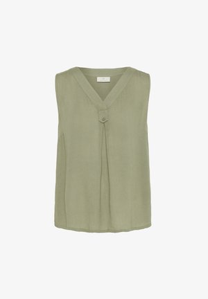 Débardeur sans manches couleur vert olive. Présente un col en V, un pli central et un accent bouton. Fabriqué en tissu léger au toucher doux.