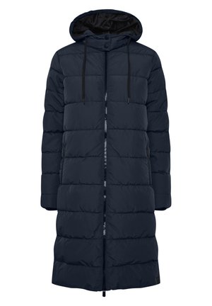 Marinblå pufferjacka med huva, med full dragkedjestängning, elastiska snoddar och sidofickor. Texturerad kviltad design.