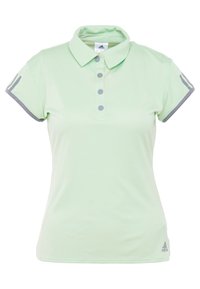 Polo vert menthe avec un col classique, trois boutons gris et des accents gris sur les manches. Fabriqué en tissu lisse et léger.