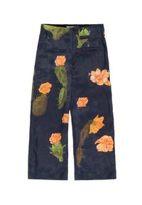 Navy fabric pants featuring floral designs with orange and pink flowers and green cactus elements. Wide-leg cut and smooth texture.