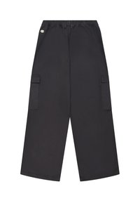 Zwarte cargobroek met een elastische tailleband, twee zijzakken en een ontspannen pasvorm. Gemaakt van duurzaam materiaal met een gladde textuur.