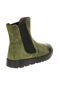 Green suede ankle boot with black elastic panels, rounded black toe cap, and textured rubber sole. Stylish and modern design.