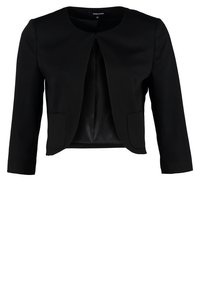 Blazer noir court avec encolure ronde, manches trois-quarts, devant ouvert et deux petites poches avant.