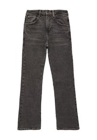 Zwarte denim jeans met een rechte pijp, vijf-pocket ontwerp en subtiele vervaging. Voorzien van een knoopsluiting en riemlussen.