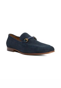 Navy blue suede loafers with a smooth finish, featuring a braided detail and metal accents on the front, and a brown sole.