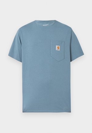 Light blue cotton t-shirt with crew neck, short sleeves, and a left chest pocket featuring a square Carhartt logo tag.