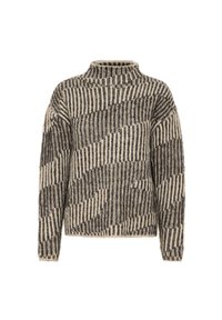 Chunky gebreide trui met een hoge halslijn, voorzien van een beige en zwarte gestreepte patroon, losse pasvorm en textuurstof.