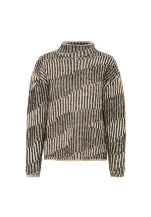 Gruba sweter z wysokim kołnierzem, w beżowo-czarny paskowany wzór, luźny krój i textured fabric.
