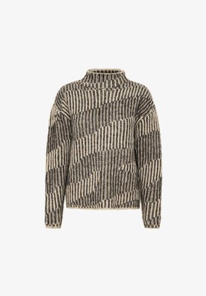 Chunky knit sweater with a high neckline, featuring a beige and black striped pattern, loose fit, and textured fabric.