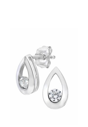Srebrne naušnice u obliku suze s prozirnim okruglim dragim kamenom u izrezanom postavu, glatkom poliranom površinom i sigurnim pričvršćenjem na kopču.