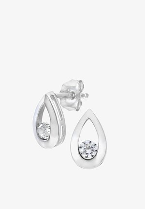 Srebrne naušnice u obliku suze s prozirnim okruglim dragim kamenom u izrezanom postavu, glatkom poliranom površinom i sigurnim pričvršćenjem na kopču.