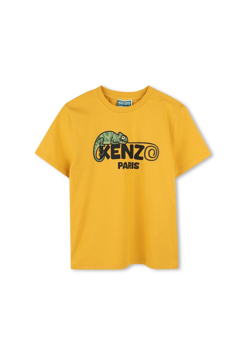 Geel katoenen t-shirt met een kameleonafbeelding en "KENZO PARIS" in vette zwarte letters gedrukt. Ronde hals en korte mouwen.