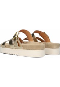 Gouden metallic sandalen met enkelbandjes, een tan suède voetbed, een dikke witte platformzool en een gespsluiting op de enkelband.