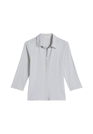 Hellgraues Hemd mit Knopfleiste, dreiviertellangen Ärmeln und Kragen, flach liegend vor weißem Hintergrund dargestellt.