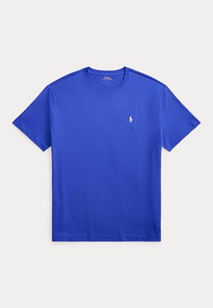 Blå kortærmet T-shirt med rund halsudskæring og lille hvid broderet Polo Ralph Lauren-logo på venstre bryst.